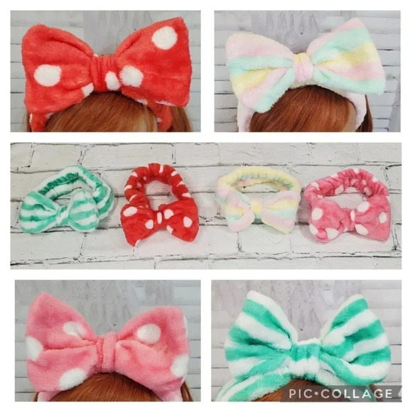 Green and White Stripe Super Plush Elastic Bow Spa Headband. - Picture 5 of 5